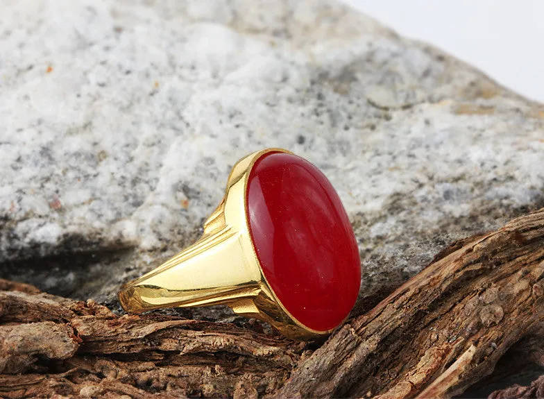 Statement Men's Ring in 10k Yellow Gold with Natural Red Agate Stone