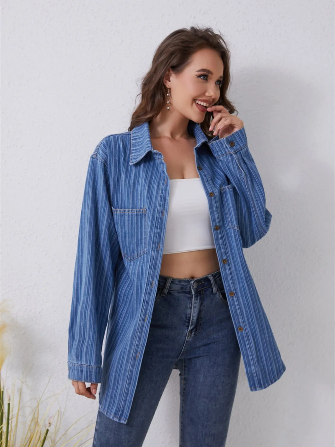 Striped Button Up Denim Shirt with Pockets