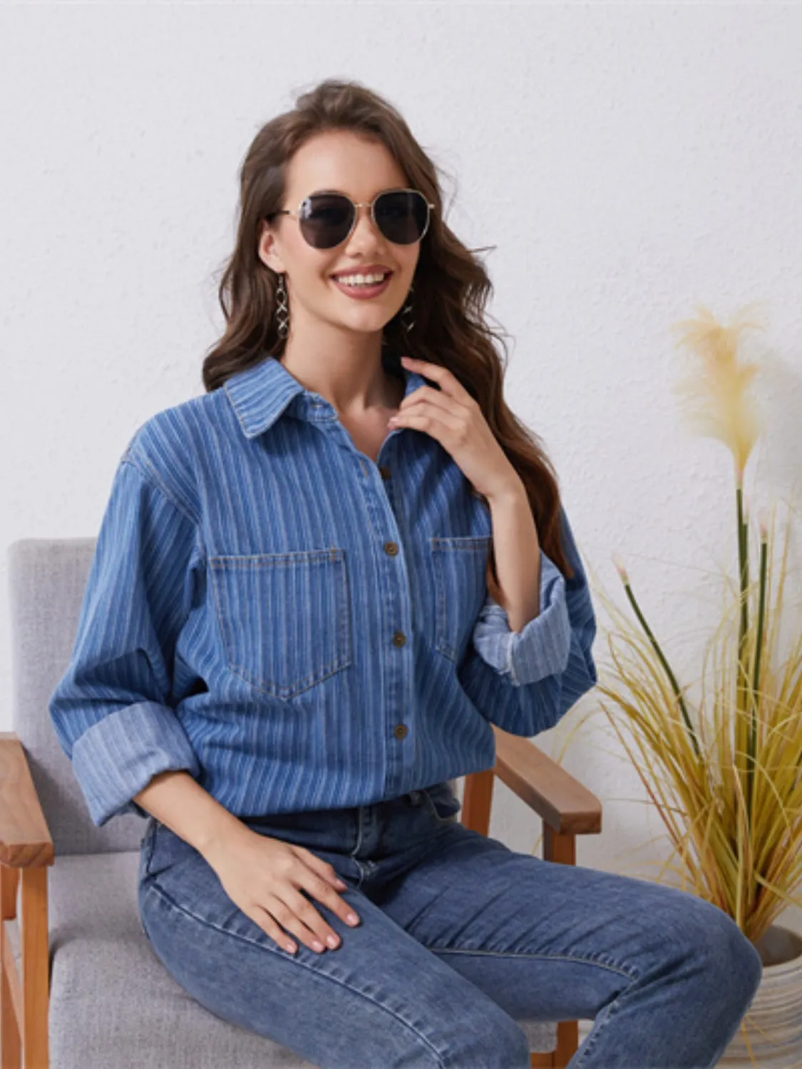 Striped Button Up Denim Shirt with Pockets