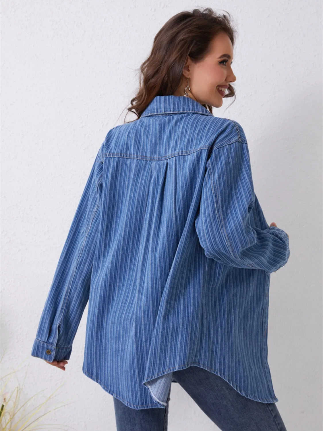 Striped Button Up Denim Shirt with Pockets