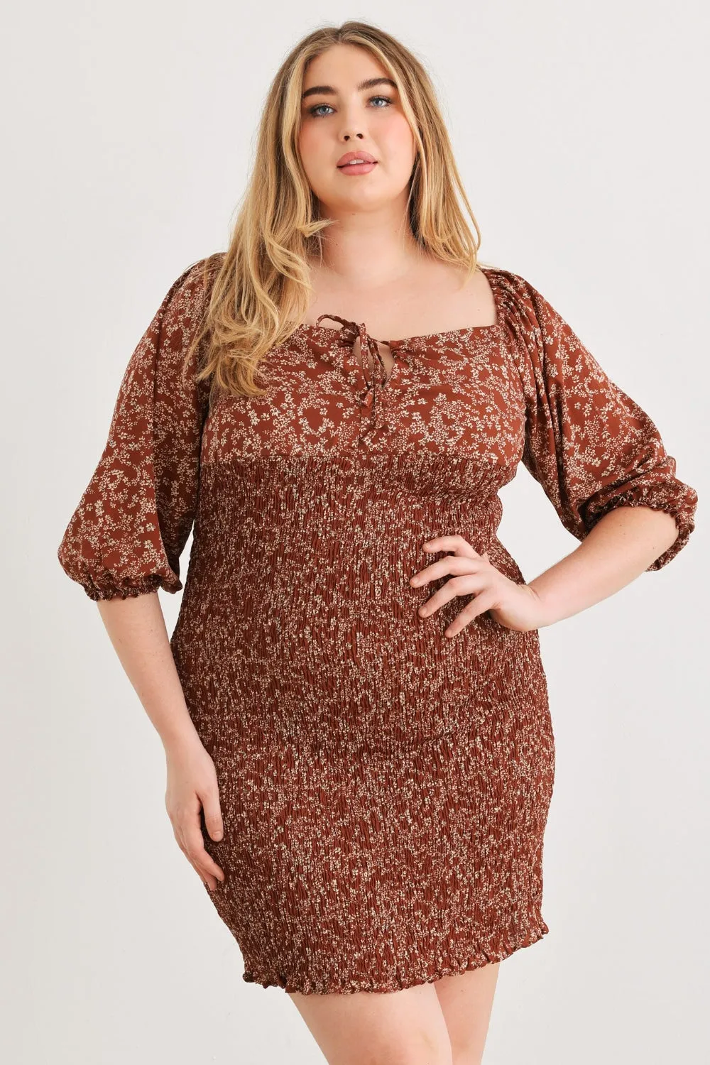 Sunset Vacation Plus Size Smocked Printed Square Neck Mini Dress