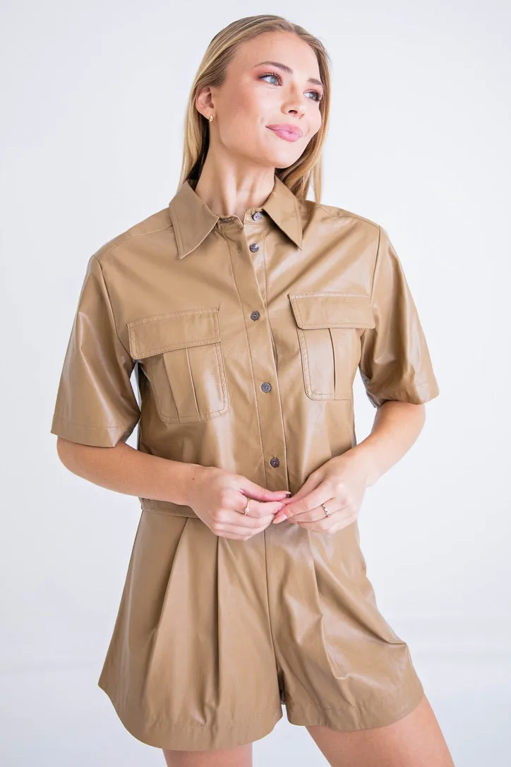 Tan Faux Leather Camp Shirt