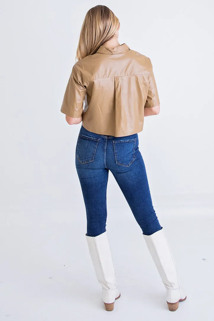 Tan Faux Leather Camp Shirt