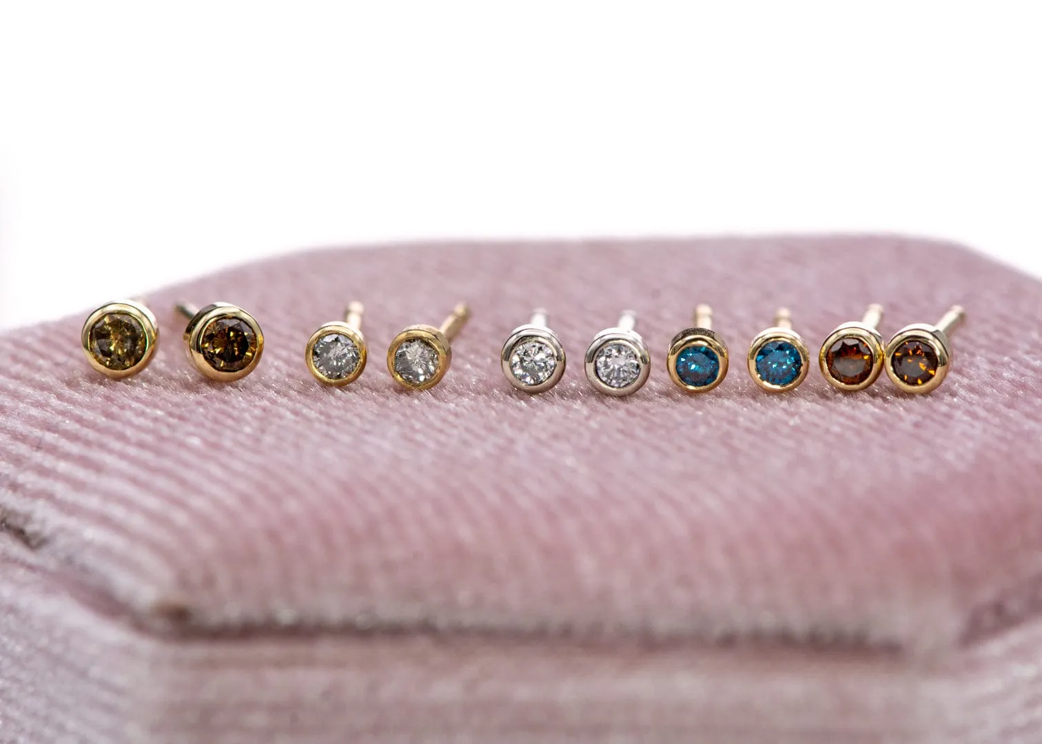 Tiny Coffee colored Diamond Bezel Set 14k Yellow Gold Stud Earrings, Ready to Ship