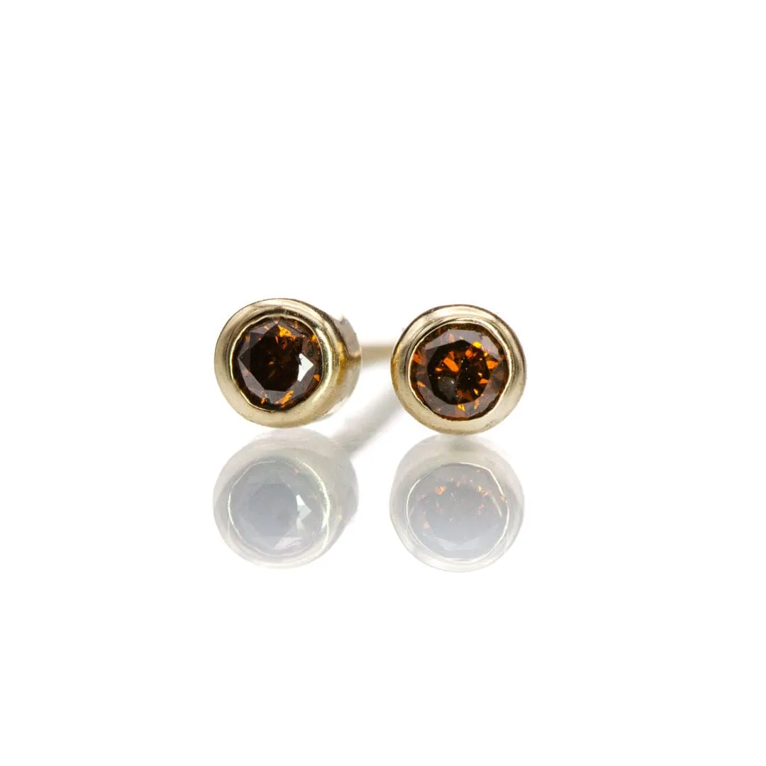 Tiny Coffee colored Diamond Bezel Set 14k Yellow Gold Stud Earrings, Ready to Ship