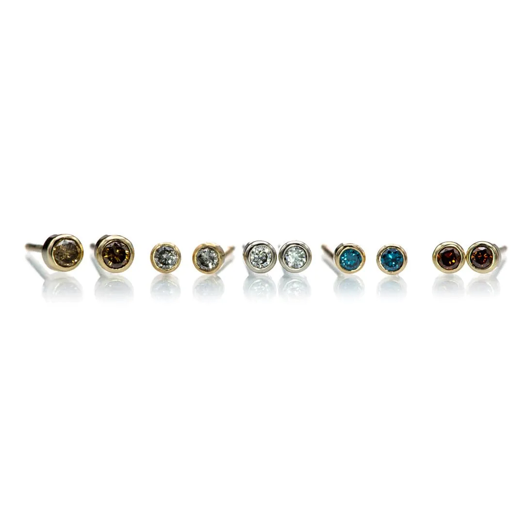 Tiny Coffee colored Diamond Bezel Set 14k Yellow Gold Stud Earrings, Ready to Ship