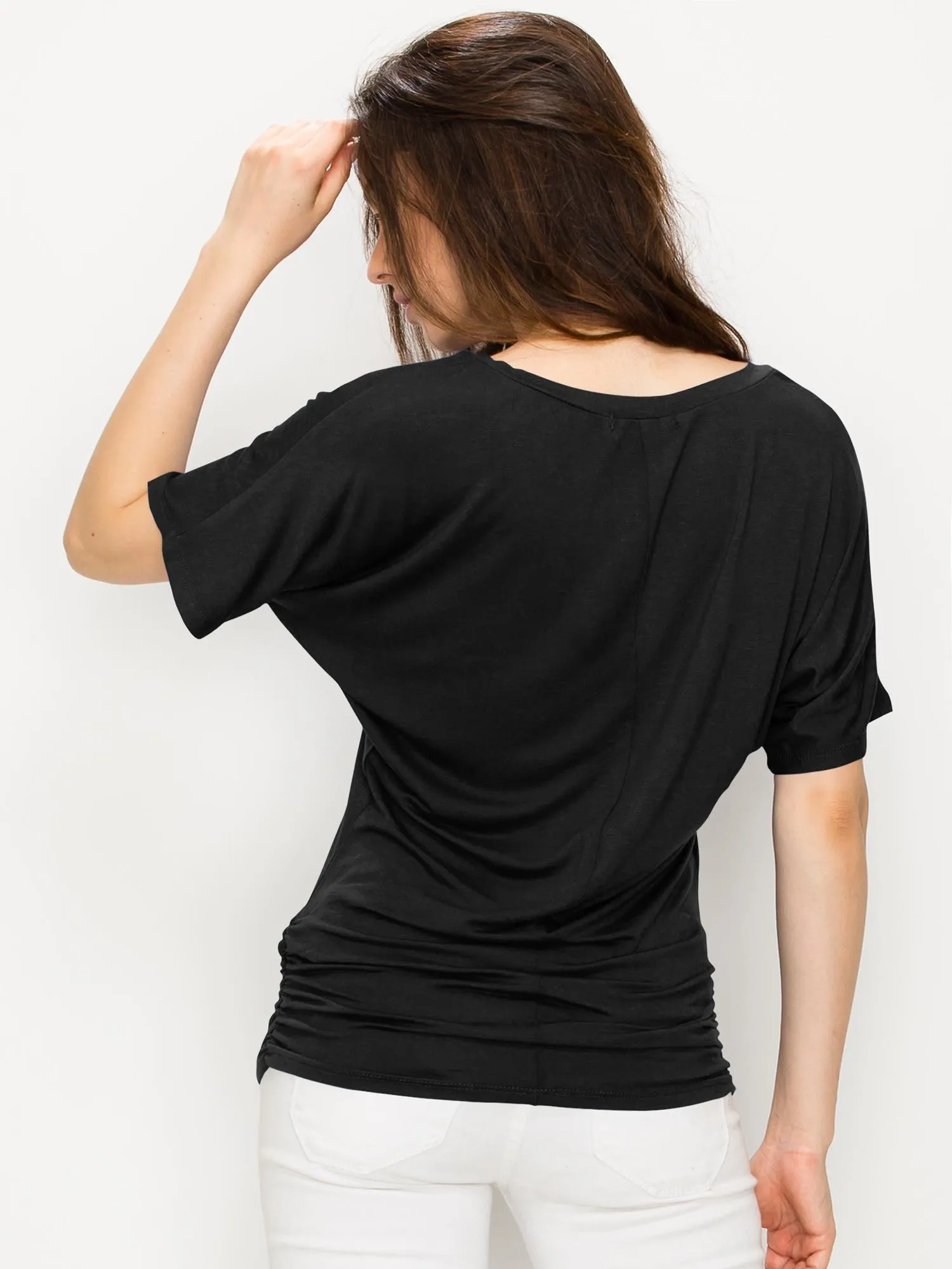 Womens Solid Short Sleeve V-Neck Dolman Top with Side Shirring