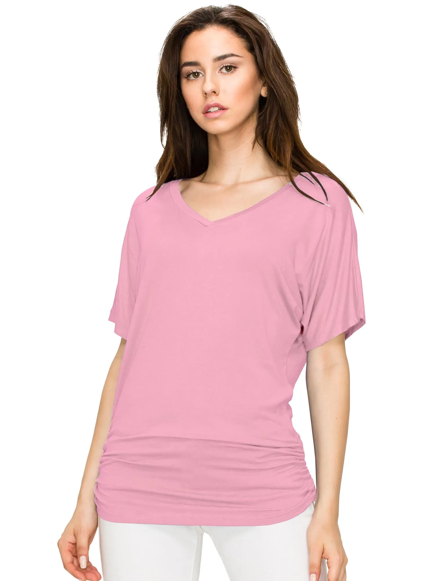 Womens Solid Short Sleeve V-Neck Dolman Top with Side Shirring