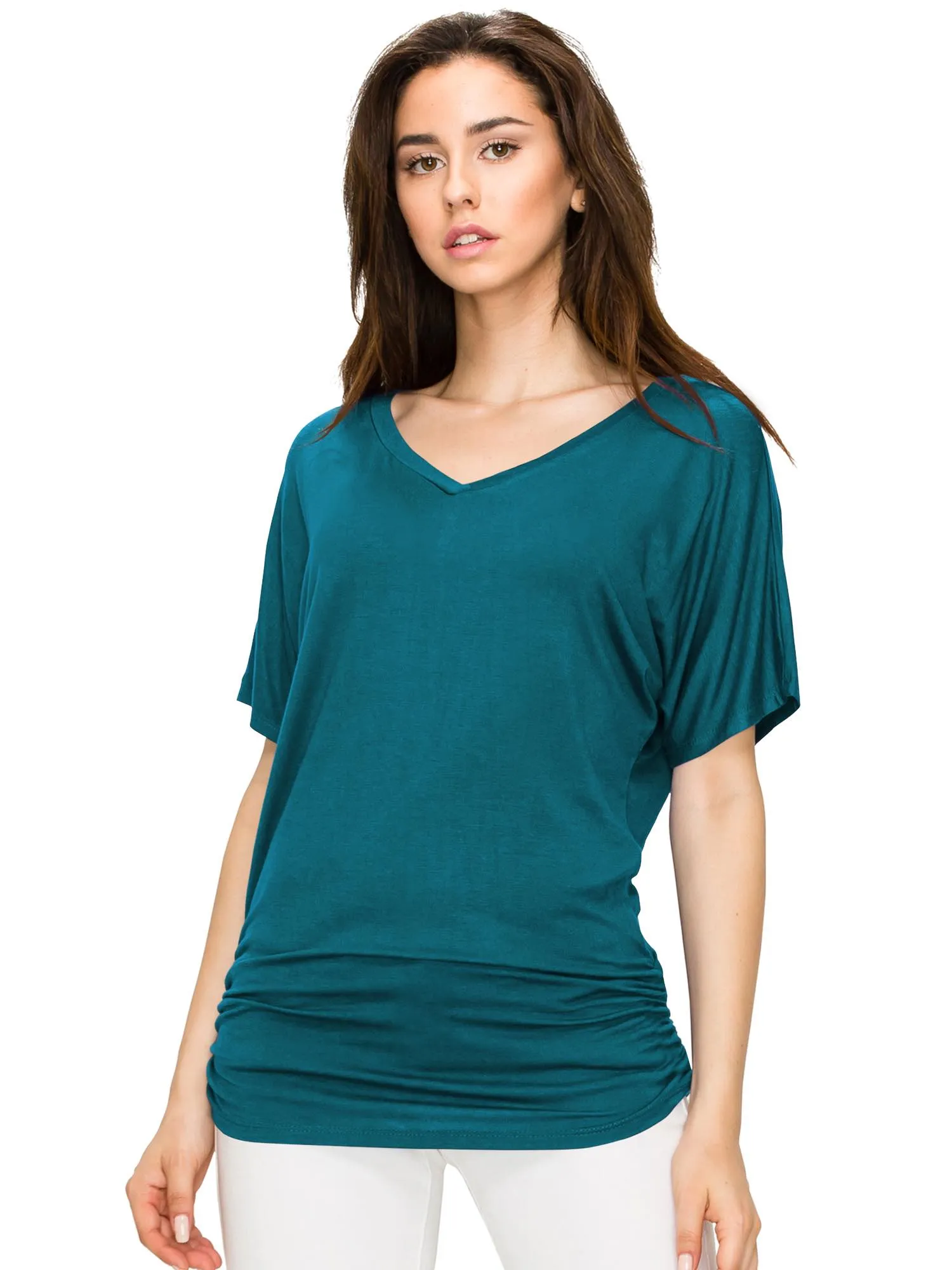 Womens Solid Short Sleeve V-Neck Dolman Top with Side Shirring