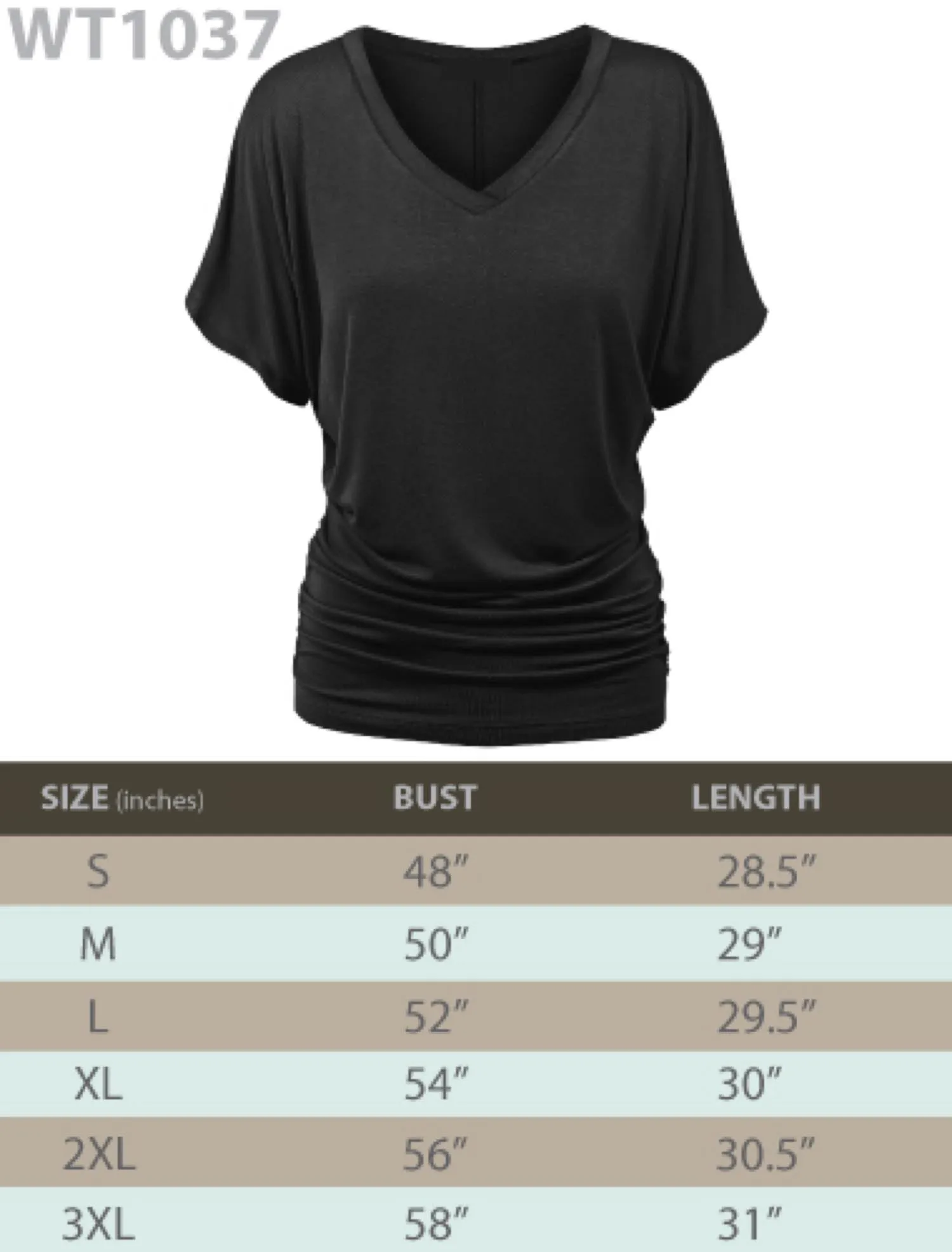 Womens Solid Short Sleeve V-Neck Dolman Top with Side Shirring