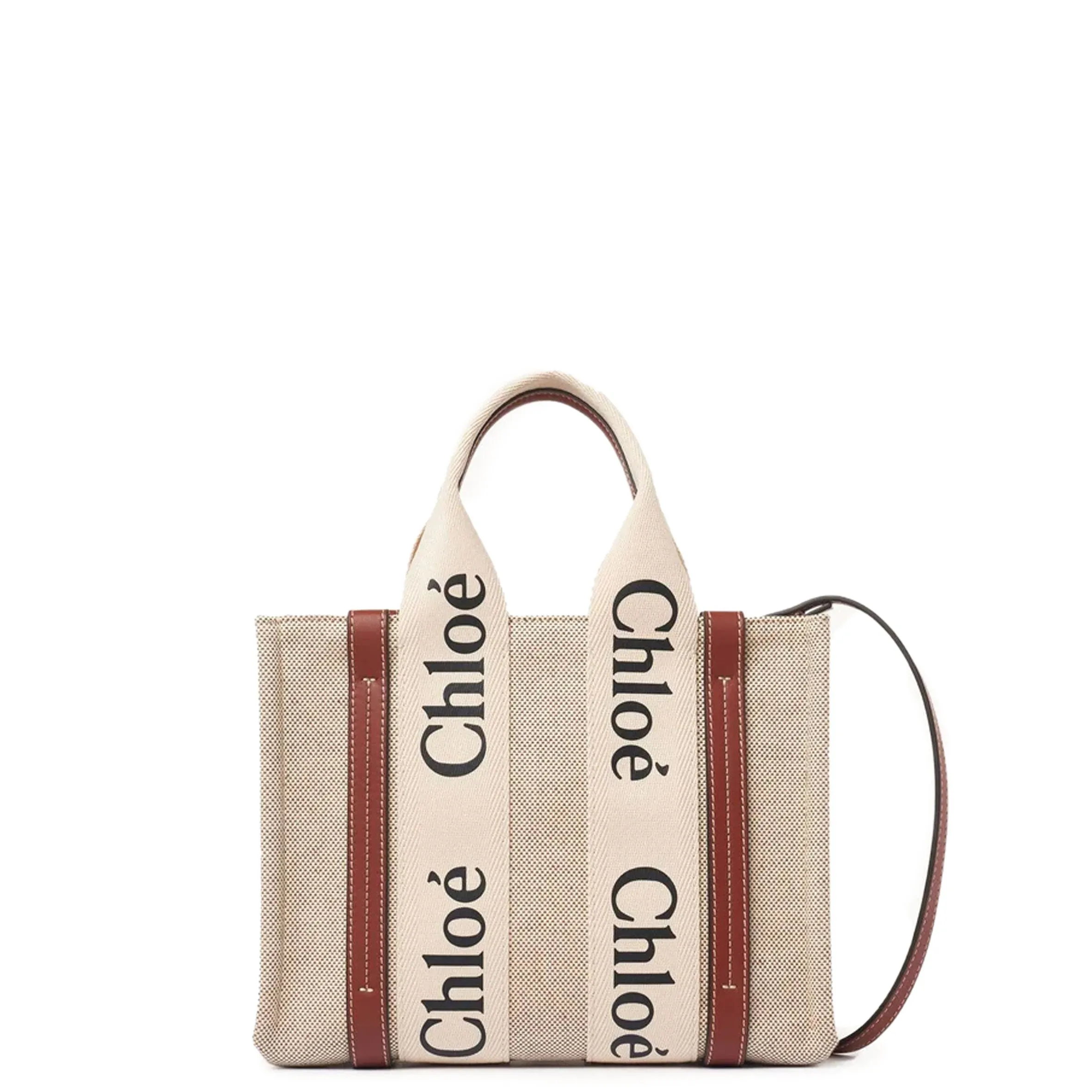 Woody Tote Small Strap Cotton, White/Brown